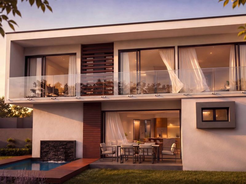 Modern double-story cluster home featuring a rear patio, swimming pool with water feature, and an upper-level balcony with glass balustrades.