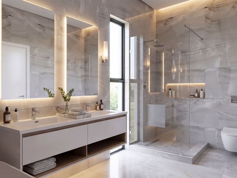 Modern luxury bathroom featuring a double vanity, wall-mounted toilet, and a spacious walk-in shower with high-end marble-look tiling and integrated LED lighting.