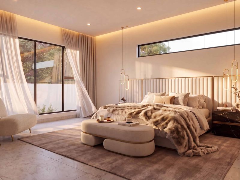 A luxurious, modern bedroom featuring marble flooring, floor-to-ceiling windows, a clerestory window, and integrated recessed lighting.