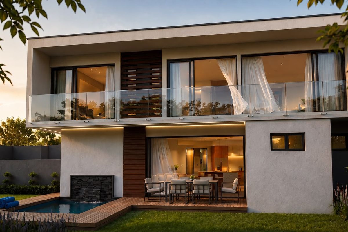 Modern double-story cluster home featuring a rear patio, timber decking, swimming pool with water feature, and expansive glass sliding doors.