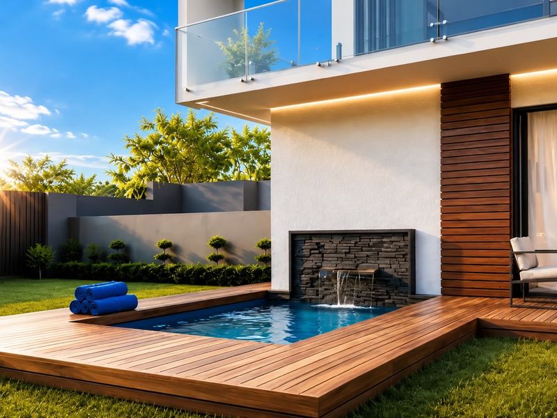 Modern outdoor entertainment area featuring a swimming pool with a stone water feature, surrounded by timber decking and a landscaped garden.