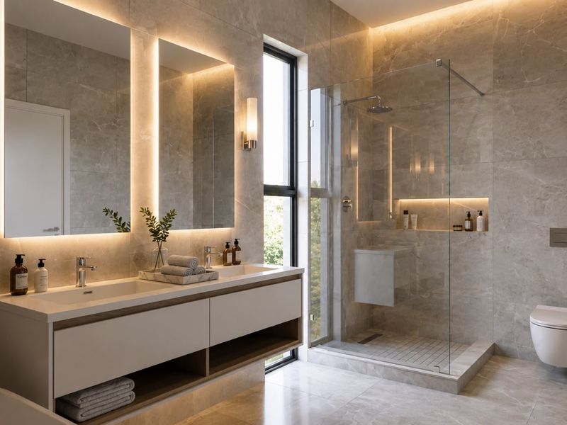 Modern luxury bathroom featuring a double vanity, wall-mounted toilet, and a spacious walk-in shower with premium porcelain tiling and integrated LED lighting.