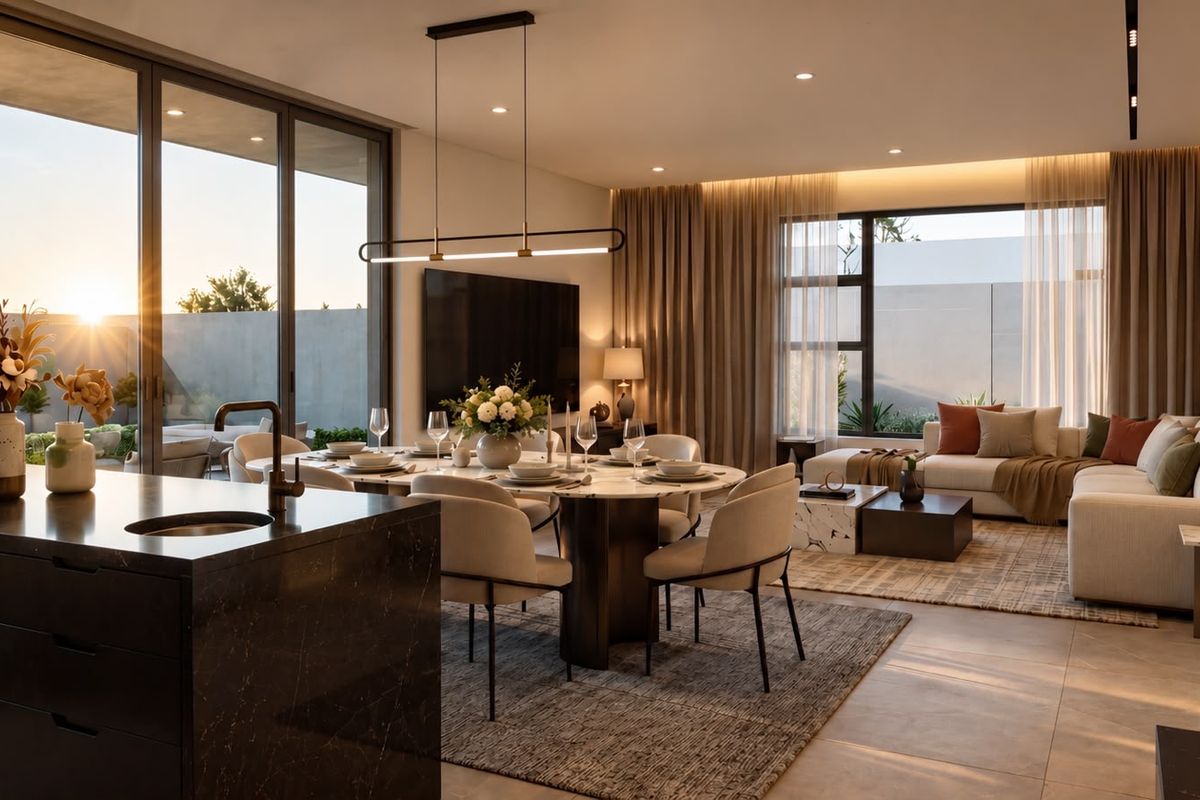 A modern open-plan living and dining area featuring a sleek kitchen island, large sliding glass doors, and high-end finishes throughout.