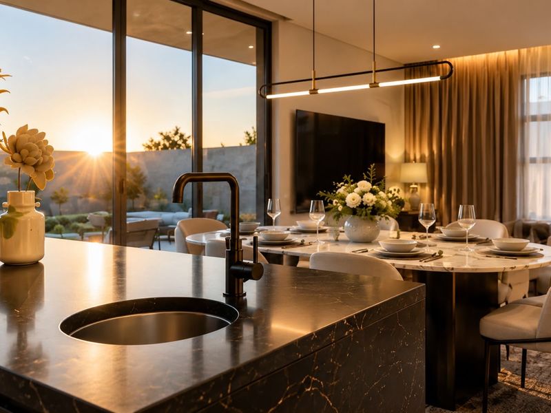 A sophisticated open-plan living and dining area featuring a modern kitchen island, premium finishes, and seamless access to the outdoor patio through sliding glass doors.