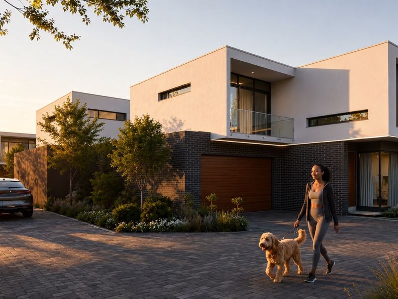 Modern cluster home exterior featuring a paved driveway, integrated garage, and upper-level balcony with glass balustrade, set within a landscaped residential estate.