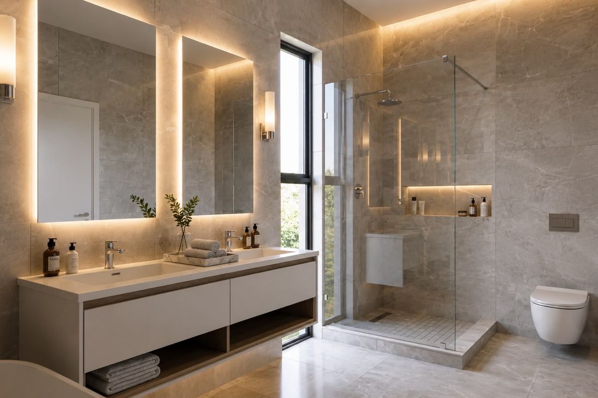 Modern luxury bathroom featuring a double vanity, wall-mounted toilet, and a spacious walk-in shower with premium porcelain tiling and integrated LED lighting.