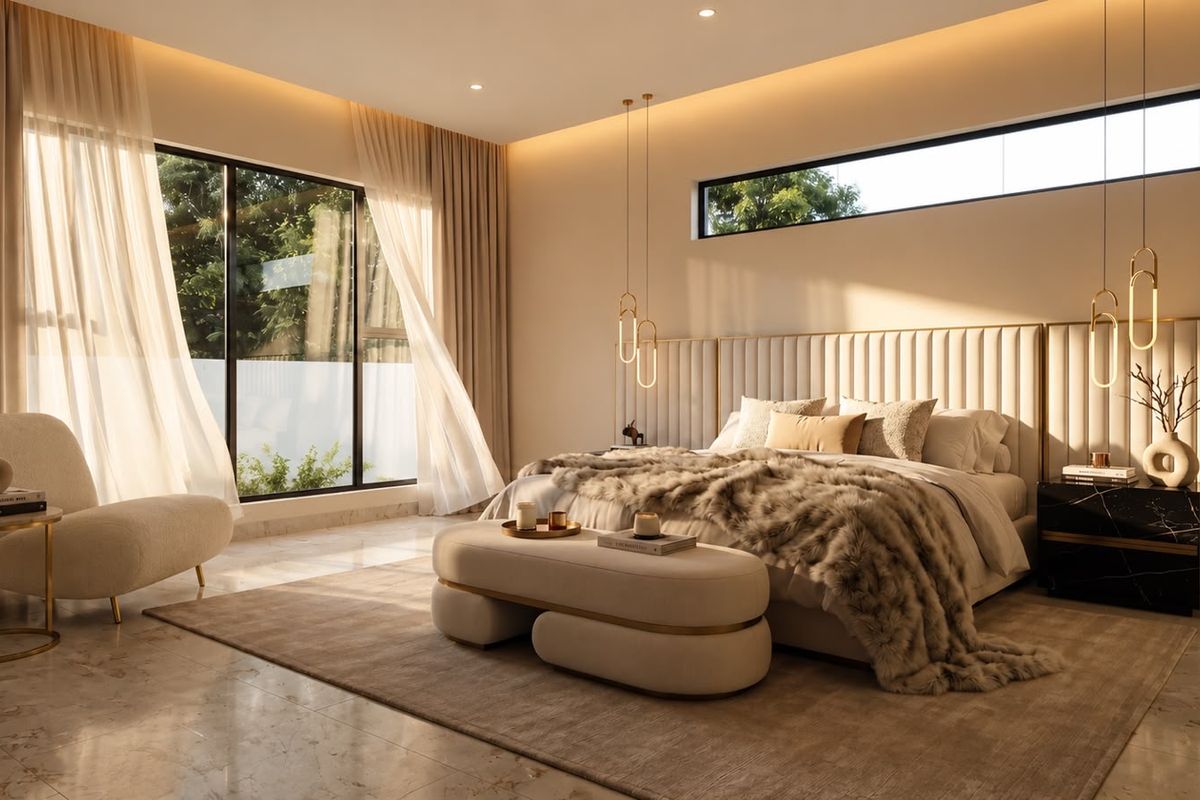 Luxurious master bedroom featuring high-end finishes, floor-to-ceiling windows, elegant marble flooring, and sophisticated integrated lighting design.