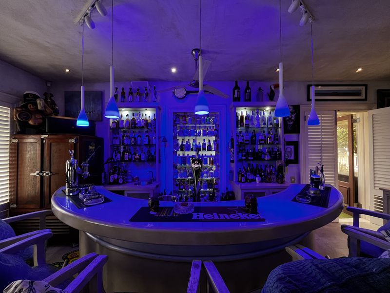 A dedicated home bar area featuring a curved built-in counter, integrated display shelving, and ambient pendant lighting.