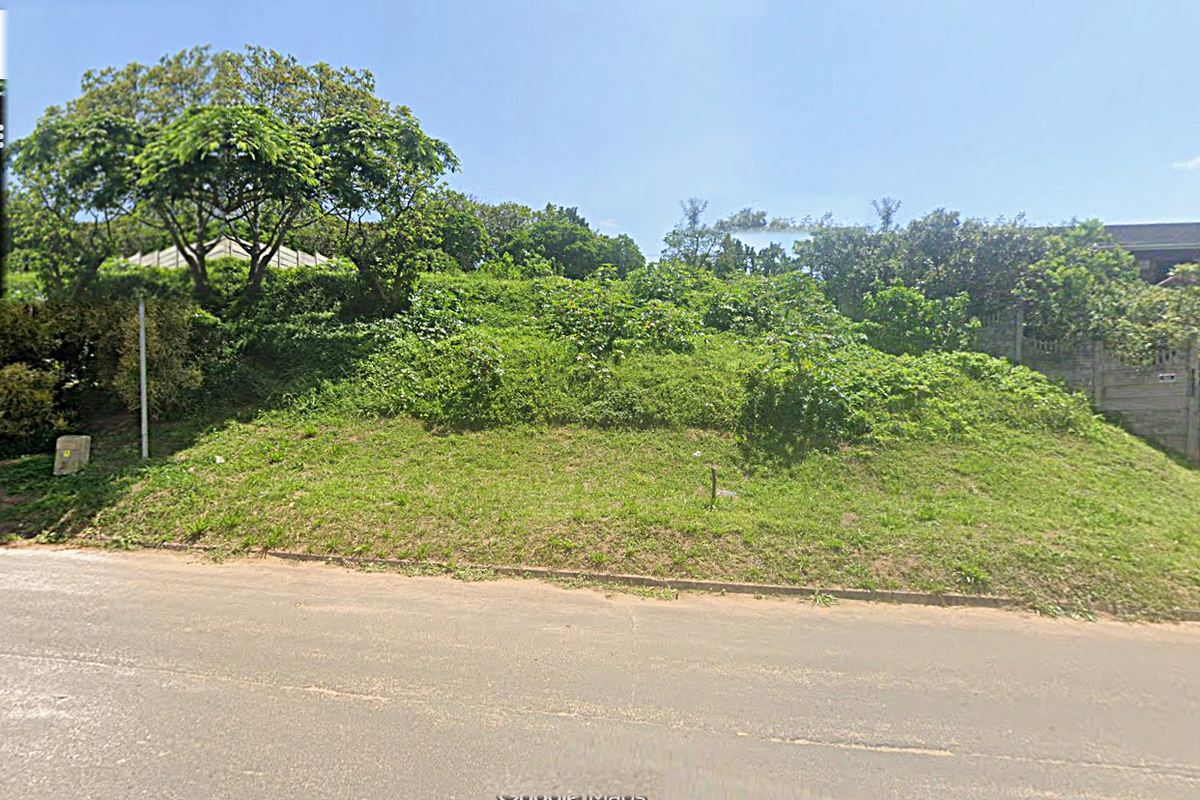 A street-level view of a vacant, sloped residential plot featuring established trees and a concrete boundary wall.