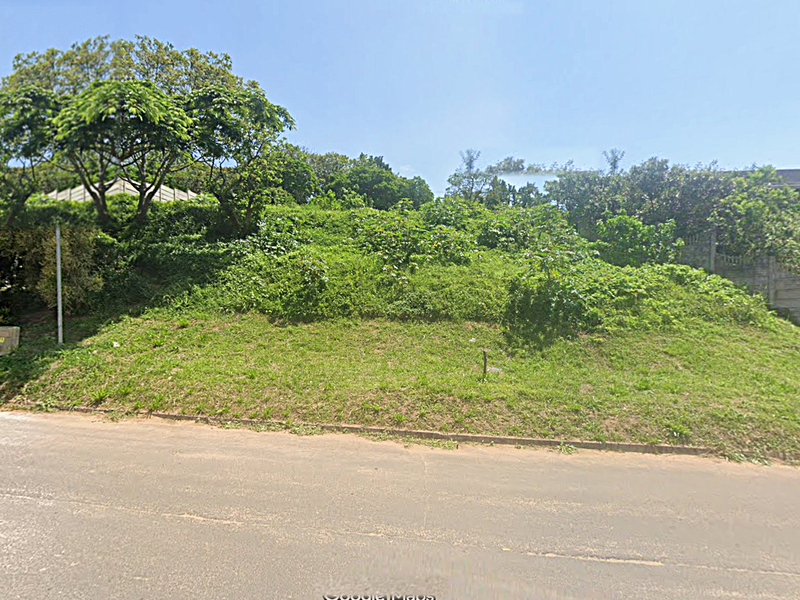 A street-level view of a vacant, sloped residential plot featuring established trees and a concrete boundary wall.