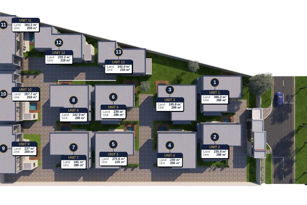 An aerial site plan showing the layout and land sizes of thirteen residential units within the cluster development.