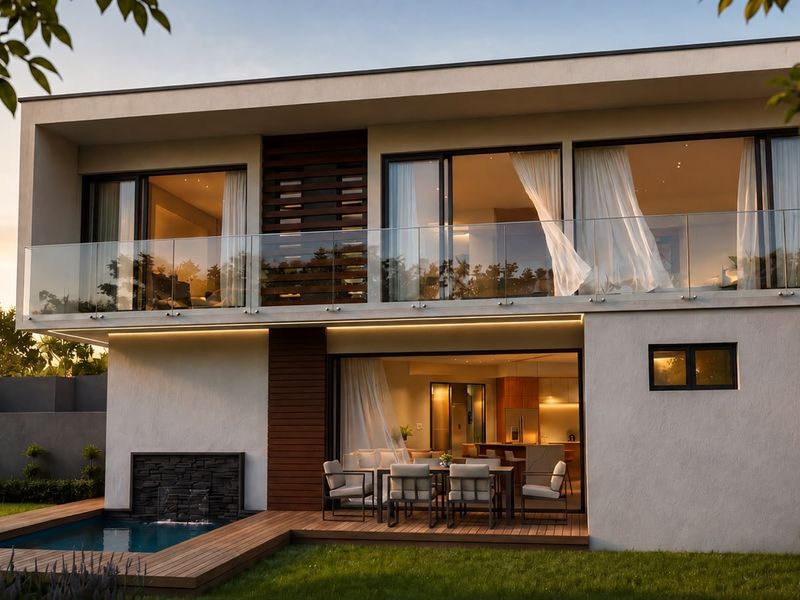 Modern double-story cluster home featuring a rear patio, timber decking, swimming pool with water feature, and expansive glass sliding doors.