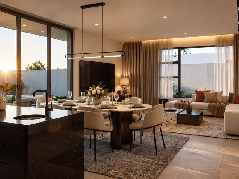 A modern open-plan living and dining area featuring a sleek kitchen island, large sliding glass doors, and high-end finishes throughout.