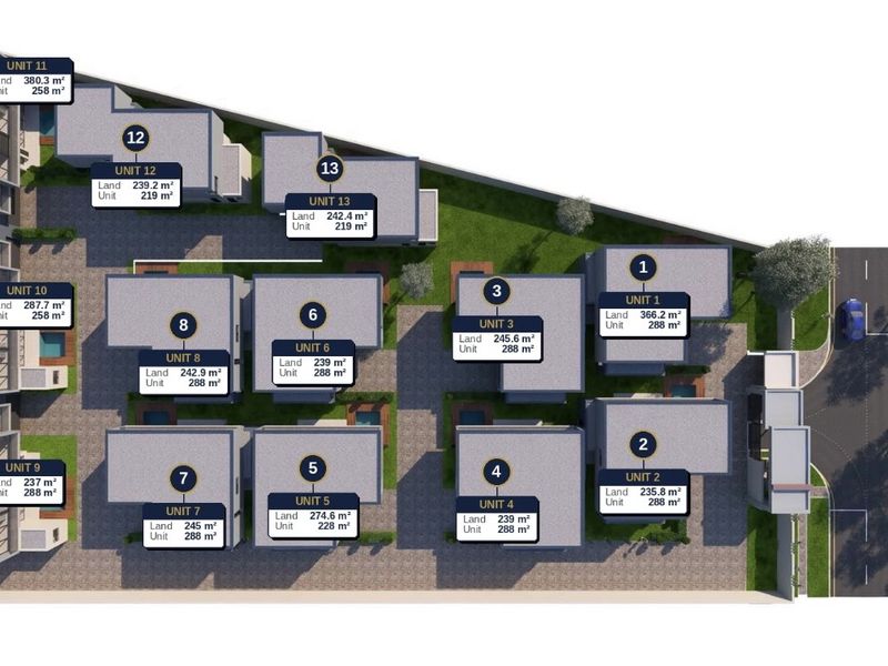 An aerial site plan showing the layout and land sizes of thirteen residential units within the cluster development.
