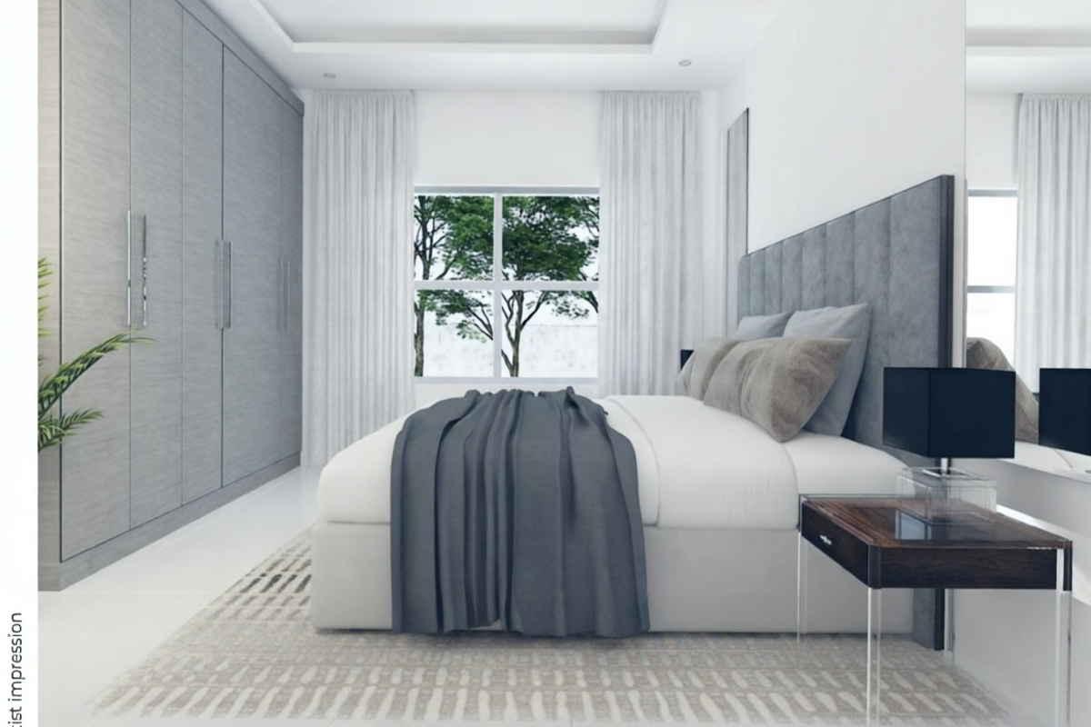 A modern bedroom featuring built-in cupboards, a recessed ceiling design, and large windows allowing natural light.