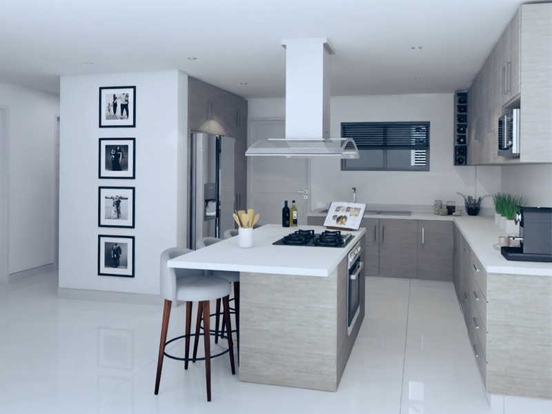 Modern kitchen featuring a central island with a gas hob, built-in oven, extractor fan, and sleek cabinetry with high-gloss tiled flooring.