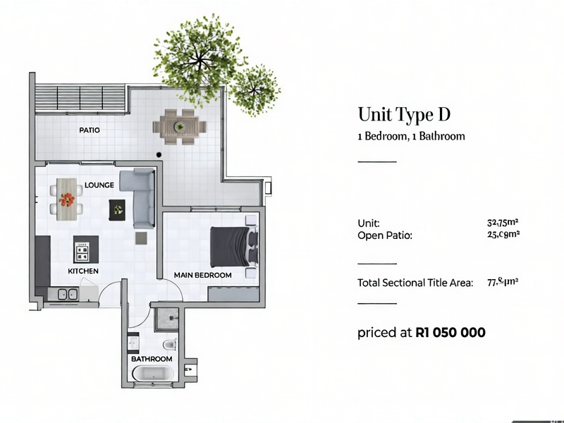 A detailed floor plan for a one-bedroom, one-bathroom apartment unit featuring an open-plan living area and a spacious patio.