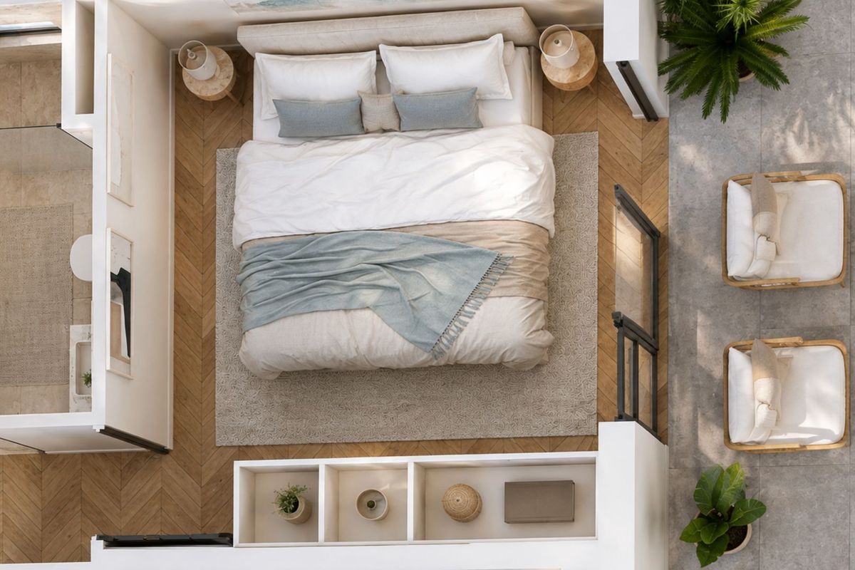 Top-down view of a modern bedroom featuring herringbone timber flooring, an integrated en-suite bathroom, and direct access to a private tiled patio area.