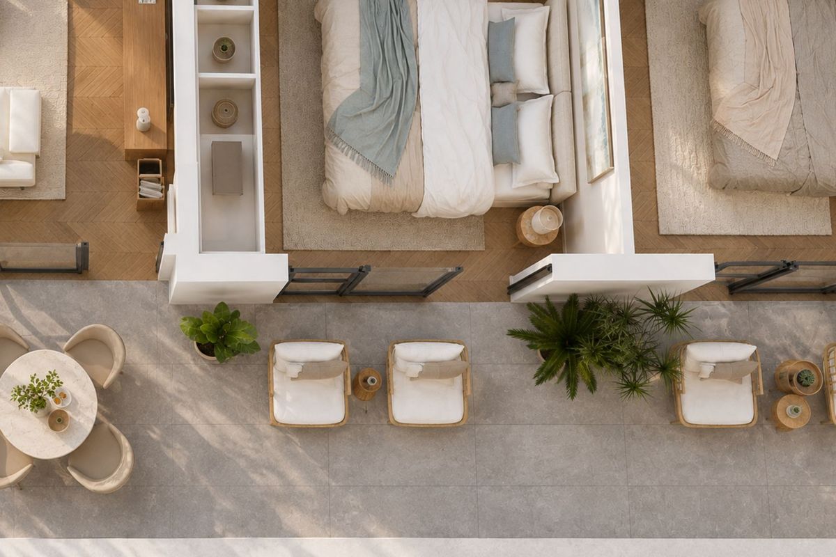 Aerial view of a luxury penthouse suite featuring a seamless transition between the interior bedroom spaces and a spacious tiled outdoor patio area.