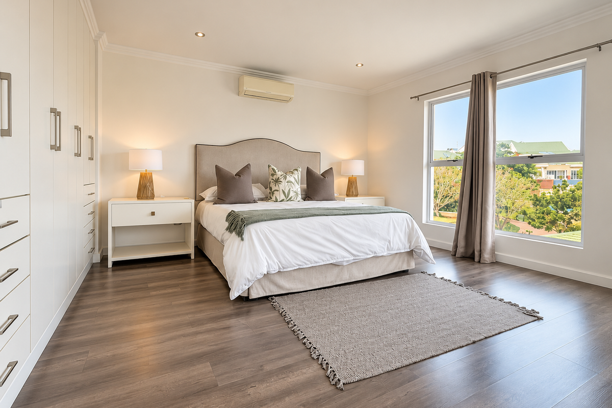 A bright and well-maintained bedroom featuring extensive built-in cabinetry, modern laminate flooring, and a split-system air conditioner with pleasant natural light.
