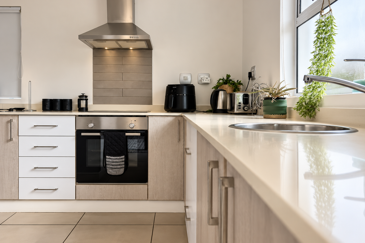 Modern kitchen featuring light wood-grain cabinetry, stone countertops, a stainless steel oven with extractor fan, and neutral tiled flooring.