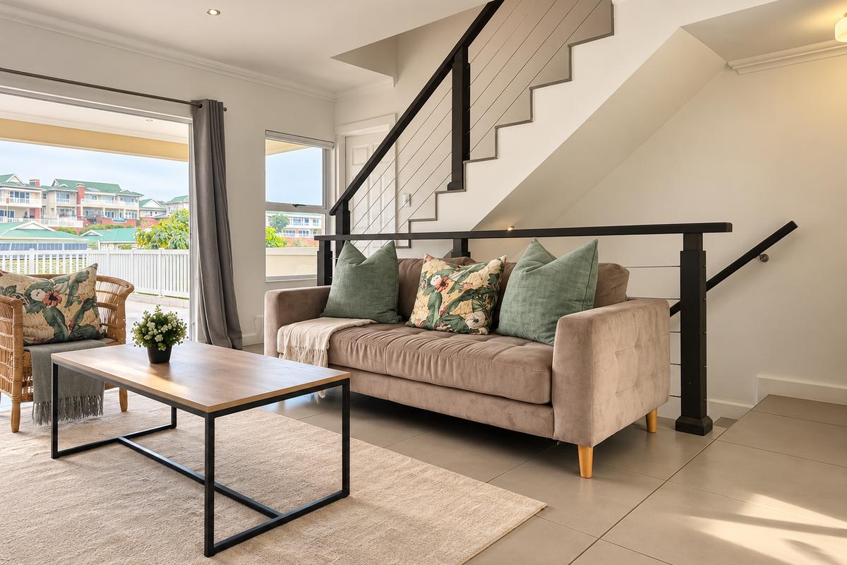 Modern living room featuring tiled floors, a contemporary staircase with metal balustrades, and large sliding doors opening to a balcony.