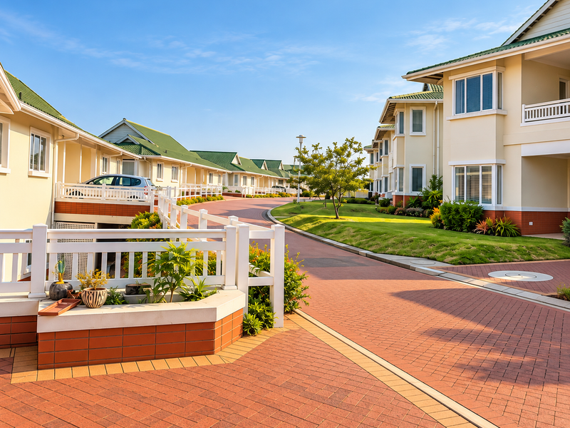 A well-maintained townhouse complex featuring paved driveways, green tiled roofs, and landscaped garden areas with white picket fencing.