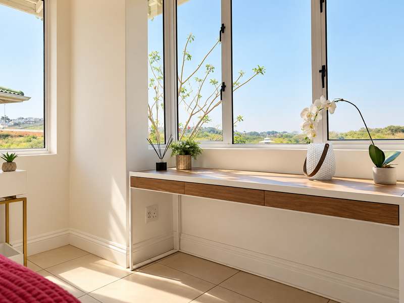 A bright and modern home office space featuring a sleek built-in desk, tiled flooring, and large windows offering scenic outdoor views.