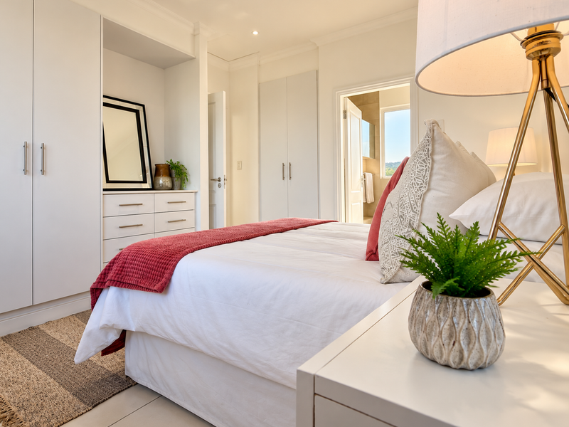 A bright and modern bedroom featuring extensive built-in cabinetry, neutral tiled flooring, and recessed lighting, with an adjoining en-suite bathroom visible.