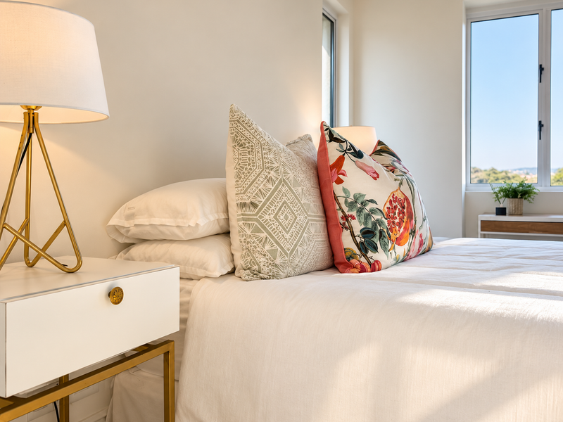 A bright and well-maintained bedroom featuring a modern casement window with natural light and neutral interior finishes.