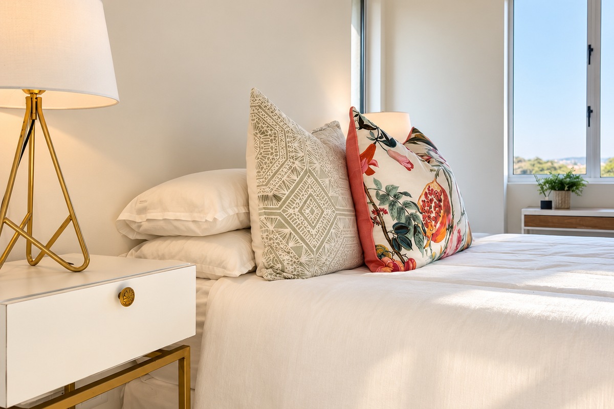 A bright and well-maintained bedroom featuring a modern casement window with natural light and neutral interior finishes.