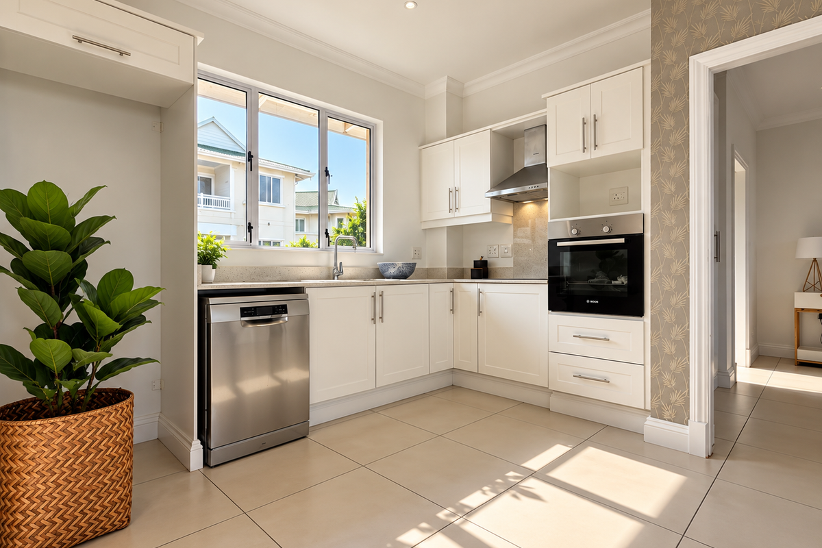 Modern kitchen featuring white cabinetry, stone countertops, integrated stainless steel appliances, and large windows providing ample natural light.