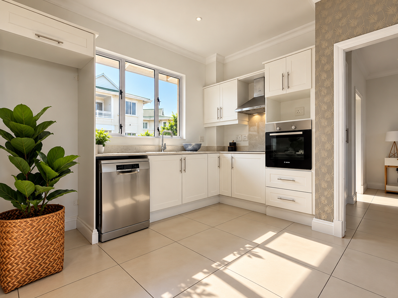 Modern kitchen featuring white cabinetry, stone countertops, integrated stainless steel appliances, and large windows providing ample natural light.