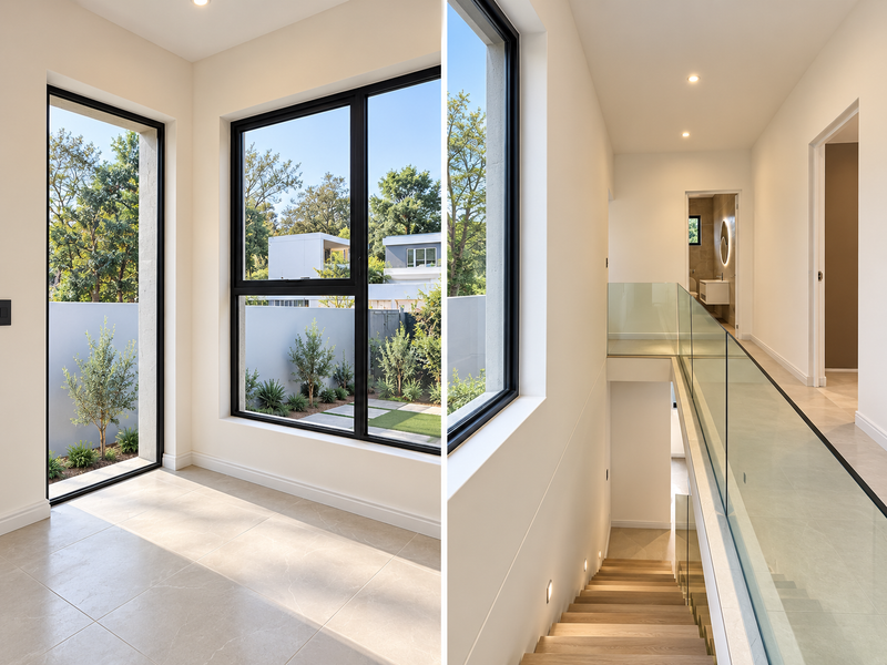 Modern hallway featuring a timber staircase with a sleek glass balustrade, large format floor tiles, and expansive windows overlooking the garden.