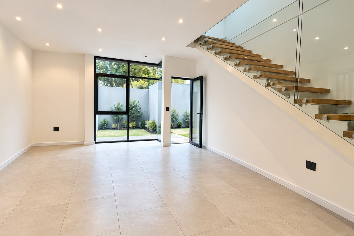 Spacious, modern open-plan living area featuring large format floor tiles, a contemporary floating staircase with glass balustrade, and direct access to a private garden.