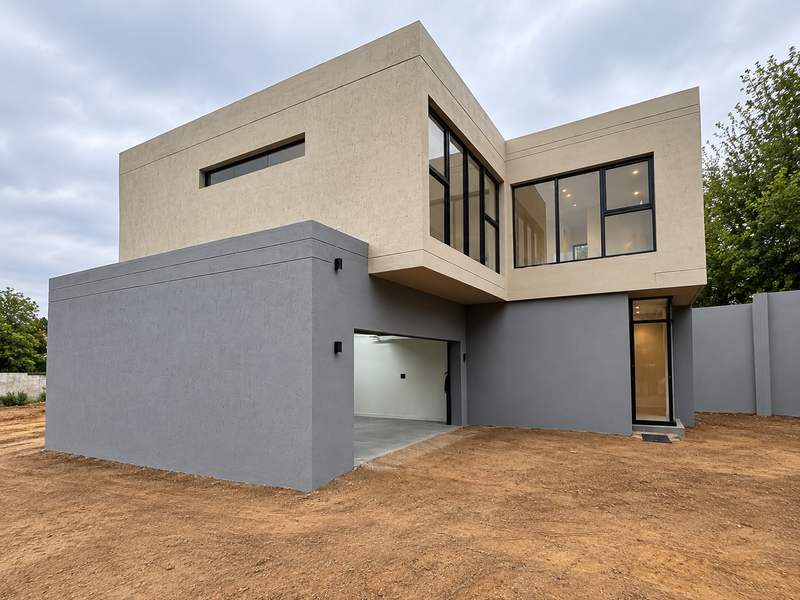 Modern double-storey cluster home featuring a contemporary grey and beige facade, large windows, and an integrated garage, set on an unlandscaped plot.
