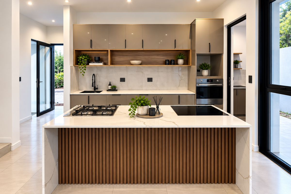 Modern kitchen featuring a central island with stone countertop, integrated gas and induction hobs, sleek cabinetry, and high-end finishes throughout.