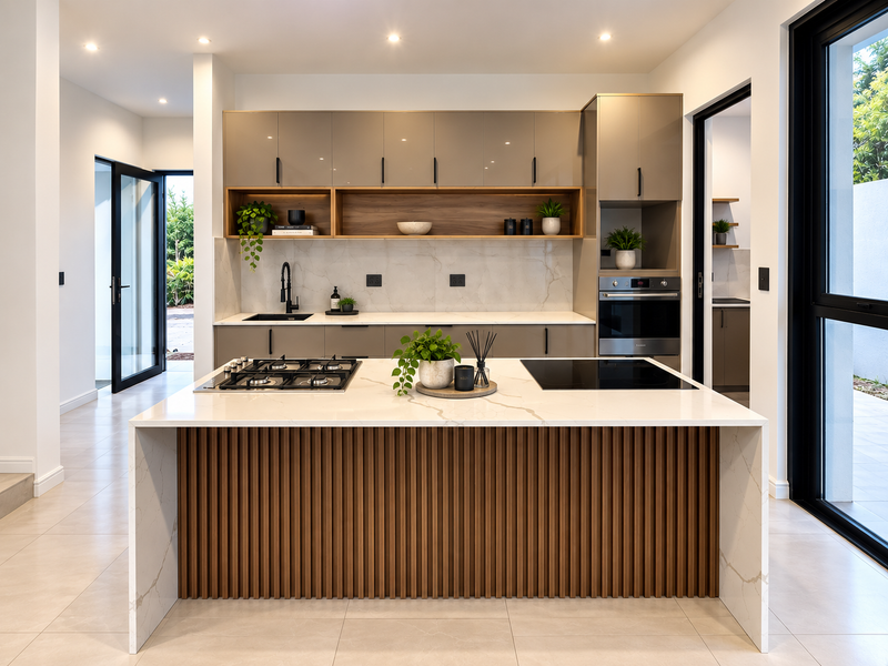 Modern kitchen featuring a central island with stone countertop, integrated gas and induction hobs, sleek cabinetry, and high-end finishes throughout.