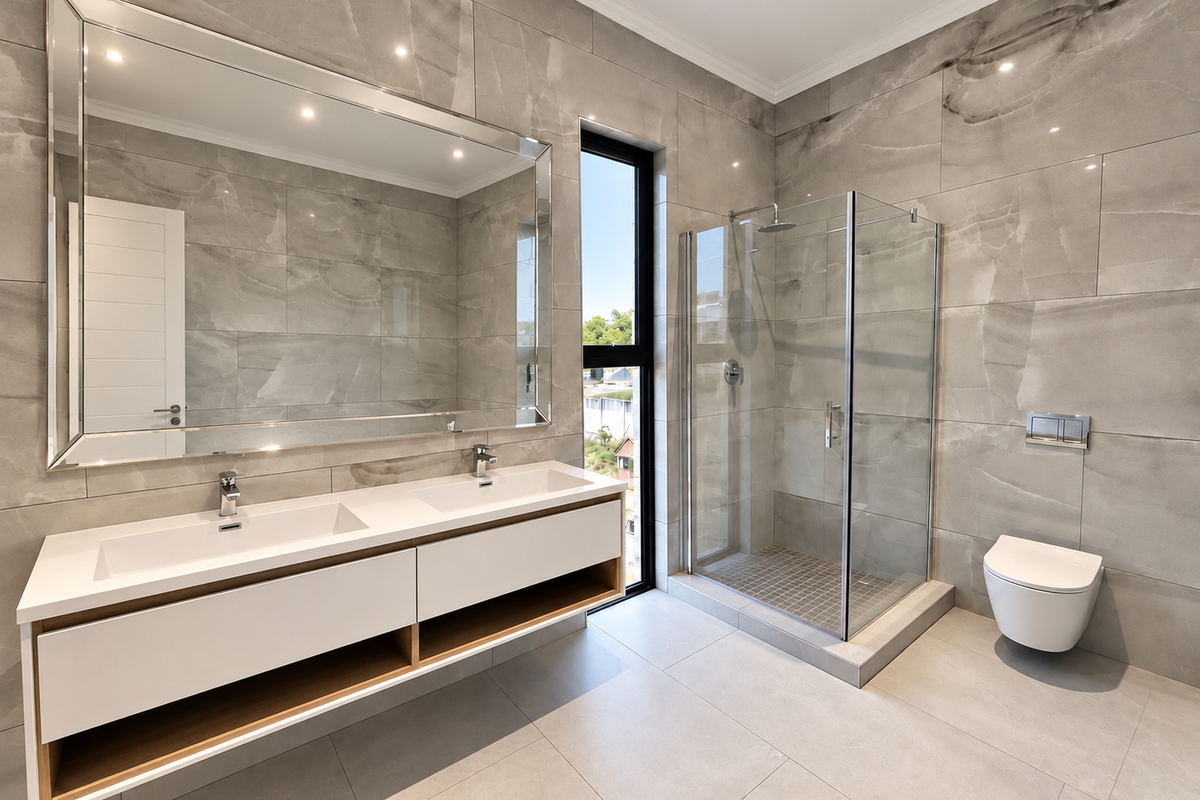 Modern bathroom featuring a double vanity, wall-mounted toilet, glass shower enclosure, and large-format grey porcelain wall tiles.