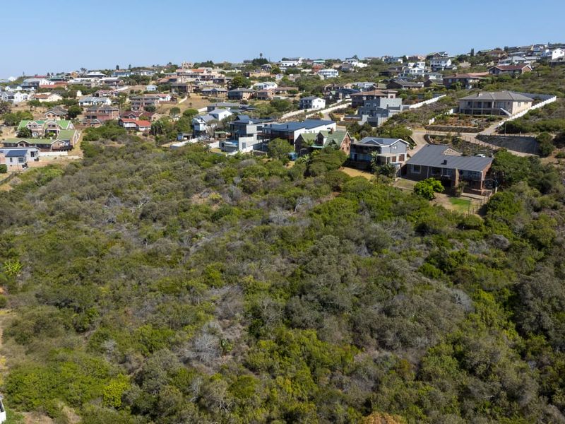 An aerial view of a vacant residential plot featuring sloped terrain covered in native vegetation, situated within an established suburban neighborhood.