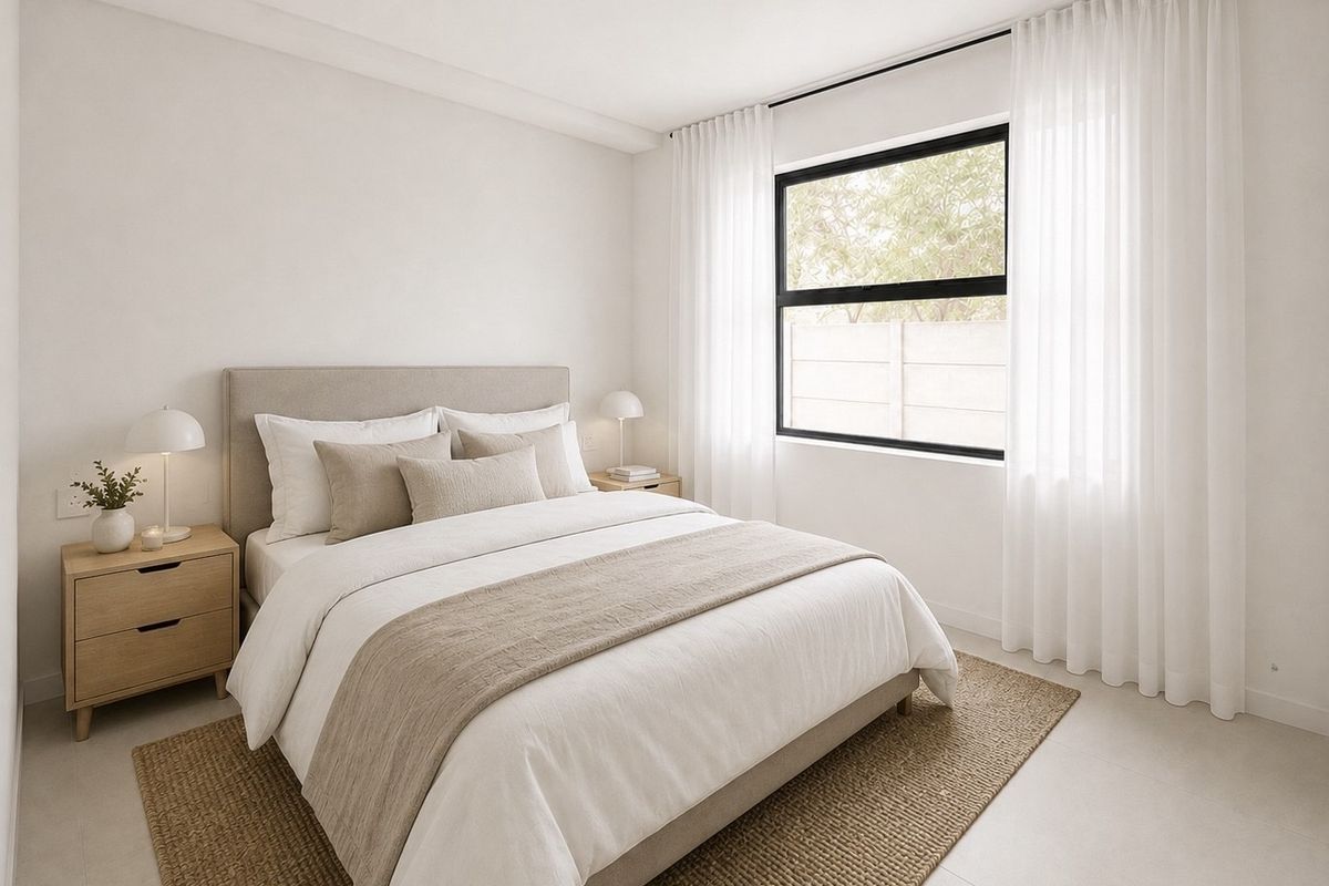 A bright, modern bedroom featuring neutral finishes, a large black-framed window, and clean architectural lines.