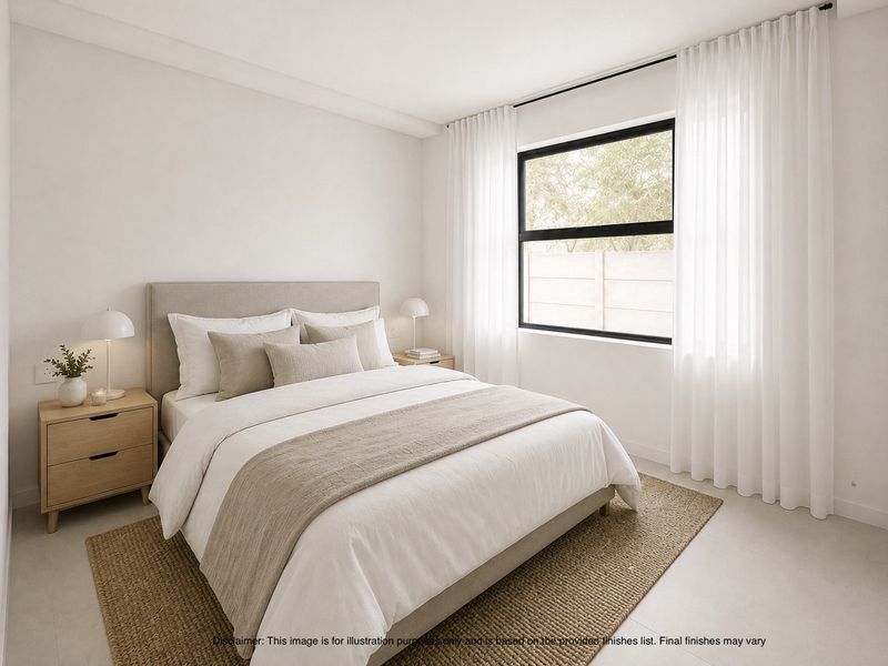 A bright, modern bedroom featuring neutral finishes, a large black-framed window, and clean architectural lines.
