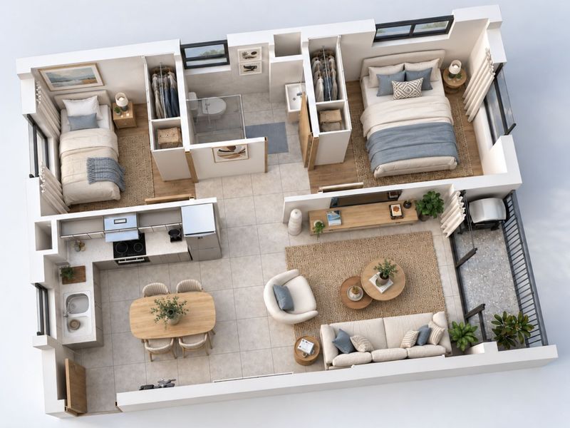 A detailed 3D floor plan showing a two-bedroom apartment layout with an open-plan kitchen, living area, and balcony.