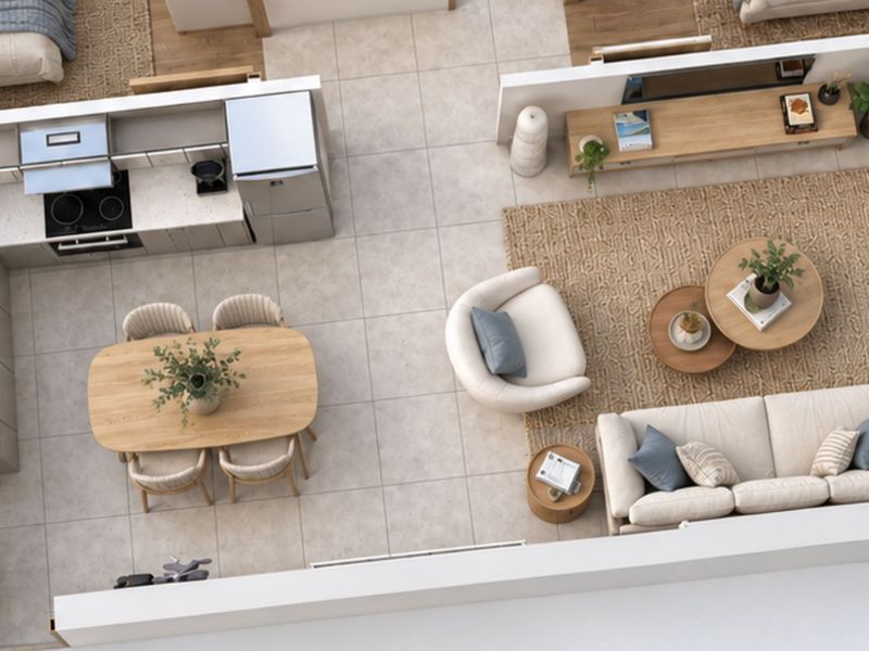 An overhead view of a modern open-plan apartment featuring a well-appointed kitchen, dining area, and living space with neutral tiled flooring throughout.