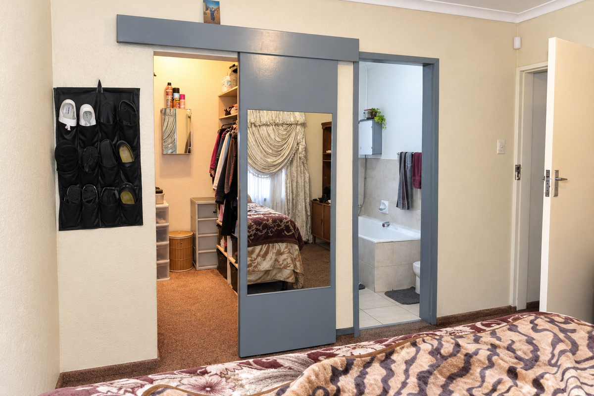 Bedroom featuring a sliding barn door providing access to a walk-in closet and an en-suite bathroom with a built-in bathtub.