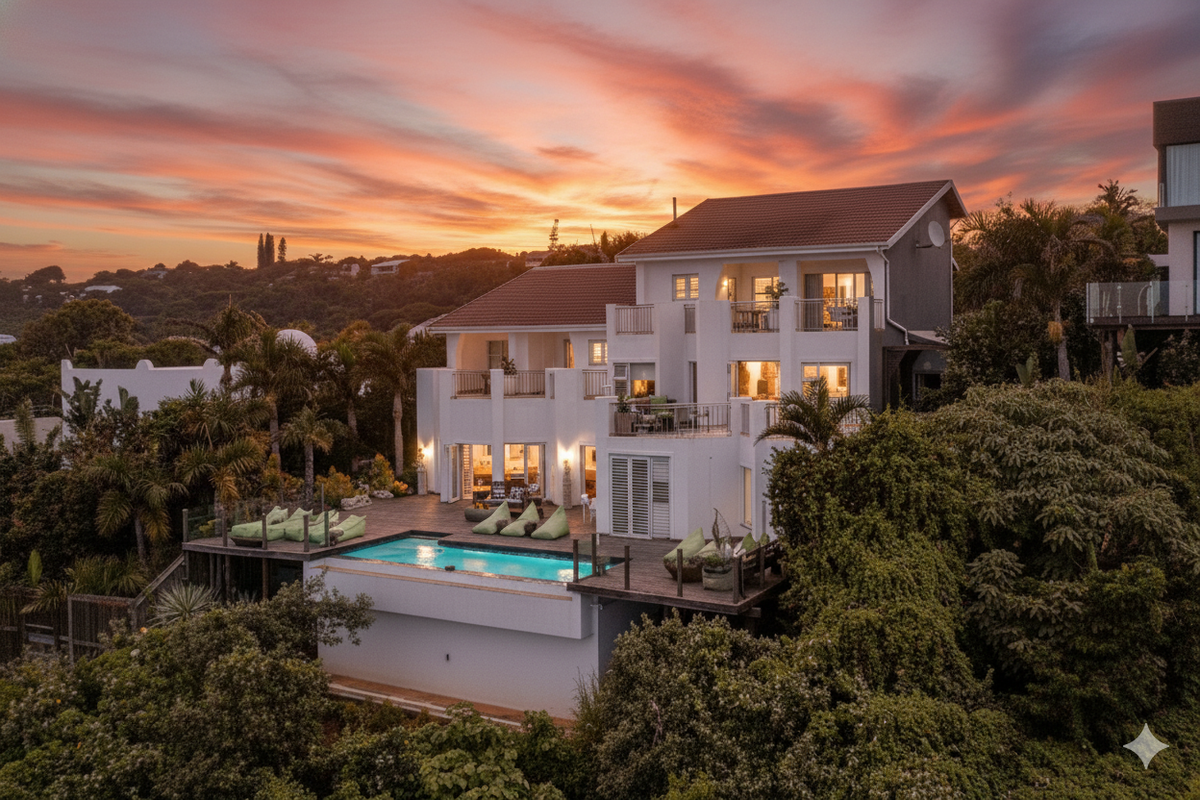 Aerial view of a multi-level guest house featuring a raised wooden deck, swimming pool, and multiple balconies set against a scenic sunset backdrop.