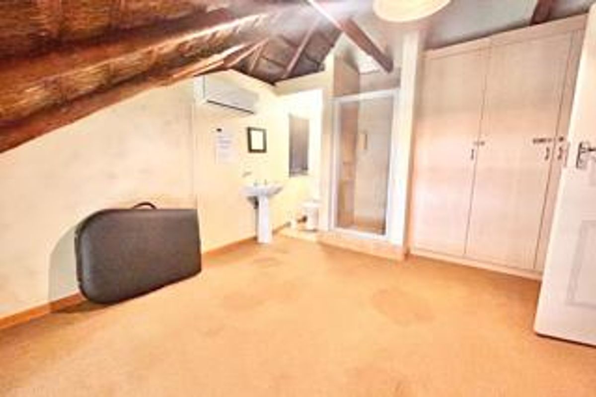 A bedroom featuring a thatched roof, built-in cupboards, an en-suite bathroom with a shower, and a wall-mounted air conditioning unit.