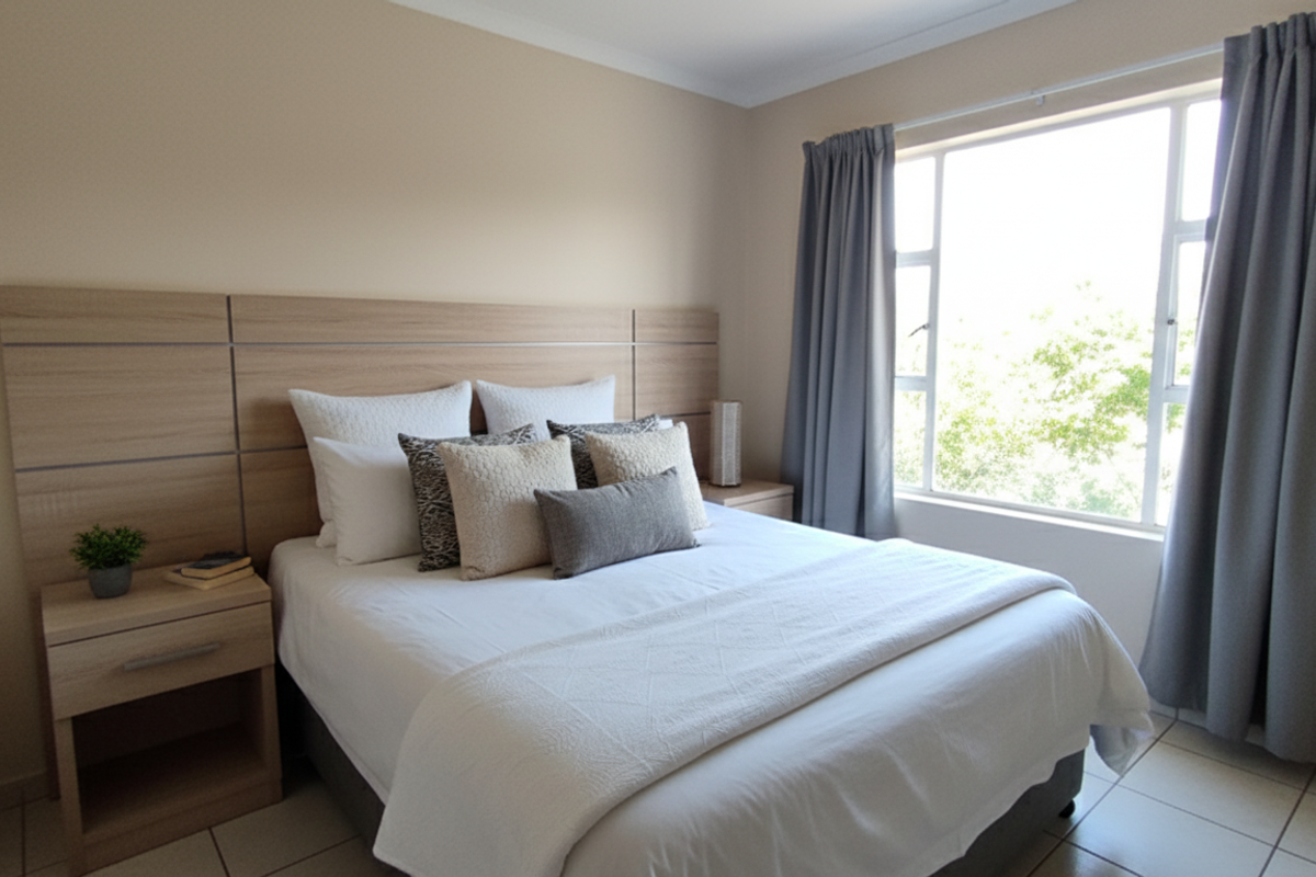 A well-maintained bedroom featuring a built-in headboard, tiled flooring, and large windows that provide ample natural light.