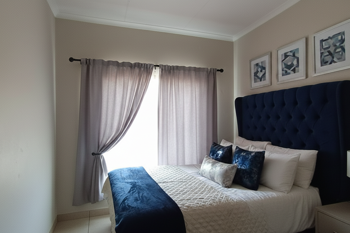 A well-maintained bedroom featuring neutral wall tones, tiled flooring, and a window with curtain rod fixtures.