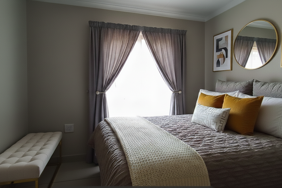 A well-maintained bedroom featuring neutral wall tones, carpeted flooring, and a window with curtain treatments.